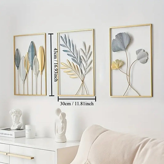 Zanaat Gold Leaf Metal Wall Decor For Office, Bedroom (17x11, inch )Multicolour Pack of 3 (Multicolor)