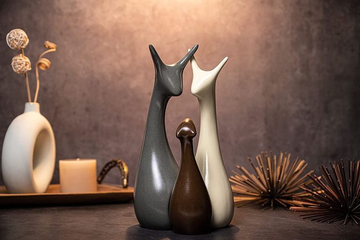 Ceramic Deer Family Showpiece Set | Matte Black, Brown & White Decorative Figurines For Home Decor
