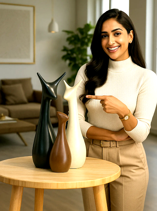 Ceramic Deer Family Showpiece Set | Matte Black, Brown & White Decorative Figurines For Home Decor