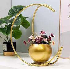 Golden Glossy Metal Planter Flower Pot With Golden Stand Metal Planter Garden Decorative Accessories Planter