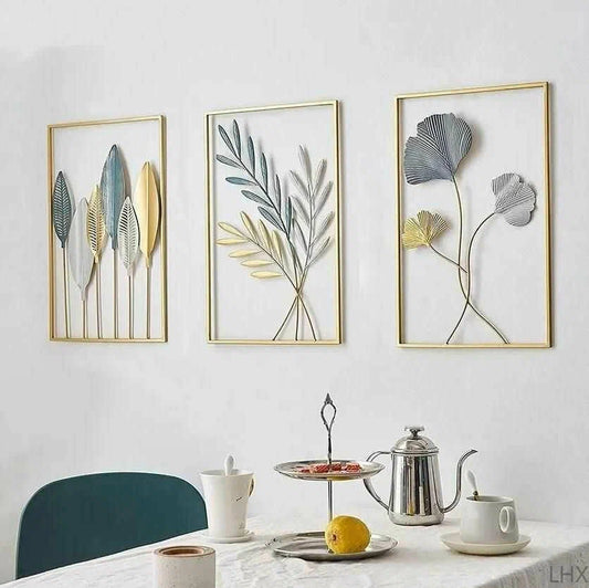 Zanaat Gold Leaf Metal Wall Decor For Office, Bedroom (17x11, inch )Multicolour Pack of 3  (Multicolor)
